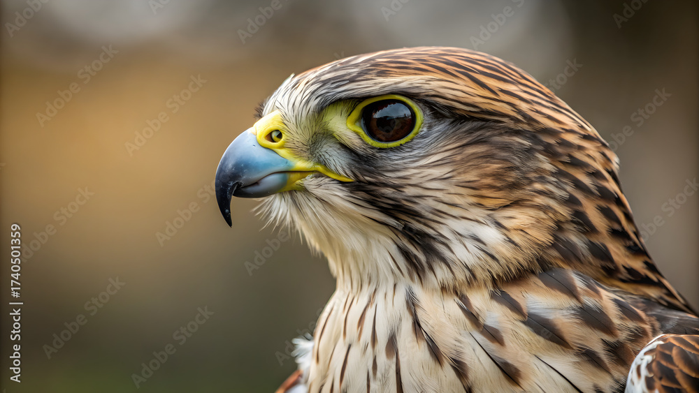 Fototapeta premium Majestic falcon profile captures intense gaze and feather detail in close-up portrait