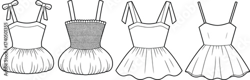 CAD flat vector fashion sketch set of women’s summer tops with straps, puff hem, flared hem, trendy sleeveless designs