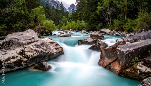 Cascading Turquoise River Flowing Through Lush Green Forest Landscape with Moss Covered Rocks and Distant Mountain Peaks Under Cloudy Sky