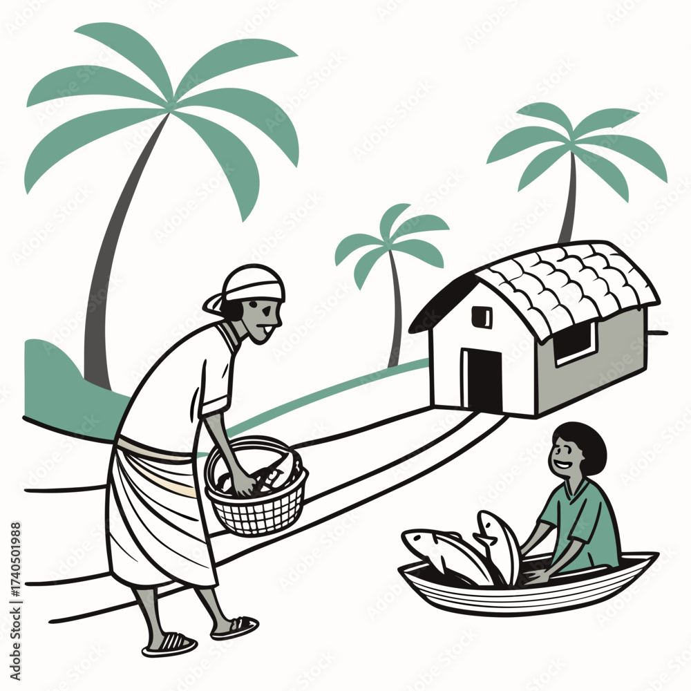 Obraz premium A fisherman sells his catch of fish from a boat to a villager carrying a basket in a tropical setting