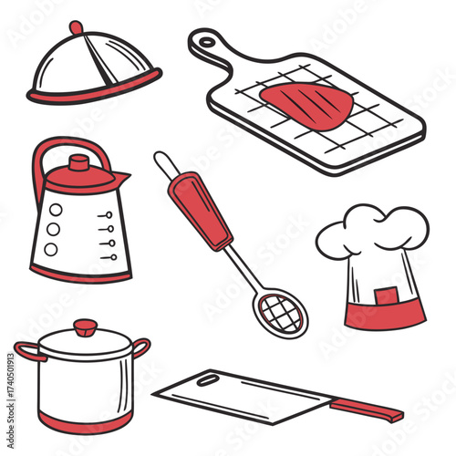 A collection of hand drawn kitchen utensils including a chef hat pot kettle serving platter cutting board with steak slotted spoon and cleaver
