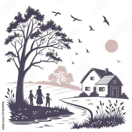 A mother and two children walk hand in hand towards a charming house under a sky with flying birds and a gentle sun