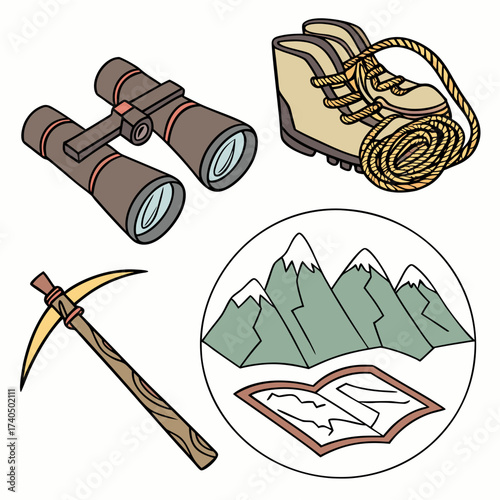 Collection of cartoon style outdoor adventure and exploration equipment including binoculars hiking boot with rope pickaxe and mountains with map