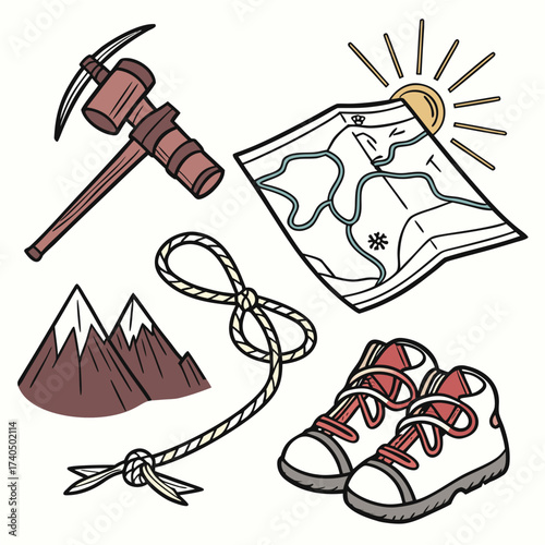Collection of cartoon style outdoor adventure and mountaineering equipment including a pickaxe map rope boots and mountains under the sun