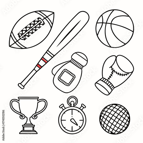 Collection of hand drawn sports equipment icons including a football baseball bat basketball boxing gloves trophy stopwatch and netball on a white background