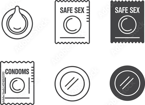 Collection of condom icons and packaging in a minimalist sketch style