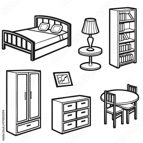 Collection of isolated black and white line art drawings of bedroom and living room furniture including a bed dresser wardrobe table with chairs bookshelf and lamp