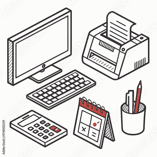 Isometric line art illustration of office supplies including a computer monitor keyboard calculator printer calendar and pen holder with pens