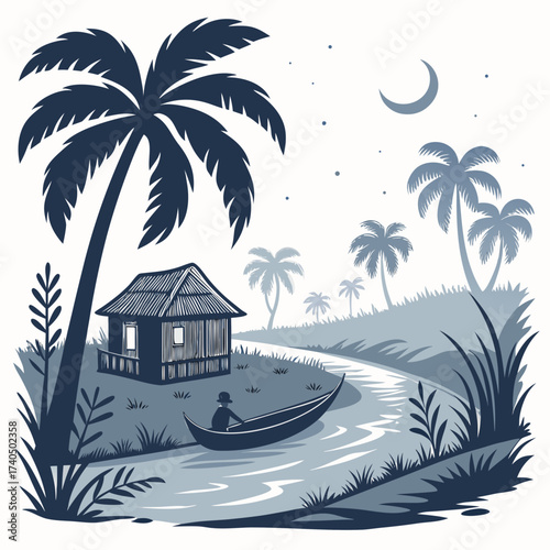 Serene tropical night scene with a lone boatman on a river a hut and palm trees under a crescent moon