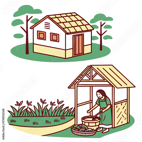 Simple illustration of a rural house and a woman working in an outdoor shelter with fresh produce