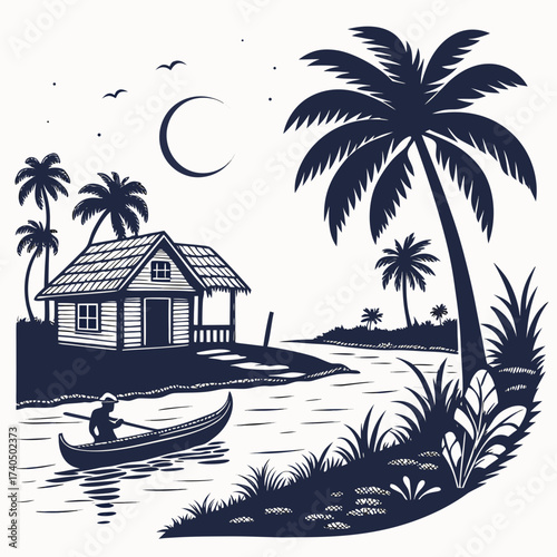 Silhouette of a peaceful tropical landscape with a canoeist a hut palm trees and a crescent moon in the night sky