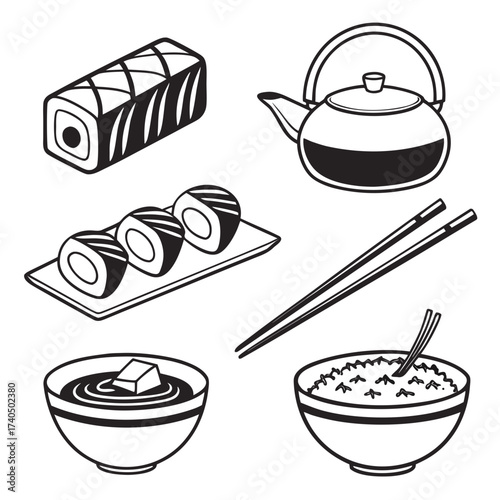 Simple black and white line art illustration of a japanese meal including sushi rolls miso soup rice chopsticks and a teapot