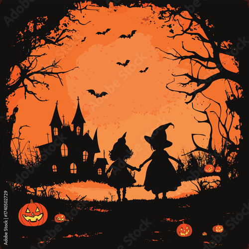 Halloween.. Bambini con zucca nella notte dell'orrore festeggiano Halloween.. , vector style simple color