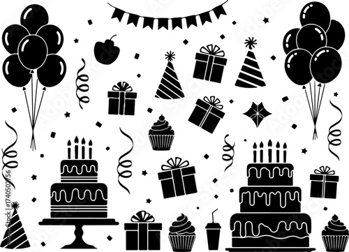 Abstract Black Silhouette Set of Birthday Cake, Candles, Balloons, and Party Hats with Fine Detailed Lines