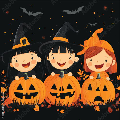 Halloween.. Bambini con zucca nella notte dell'orrore festeggiano Halloween.. , vector style simple color