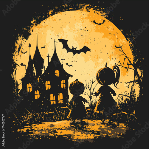 Halloween.. Bambini con zucca nella notte dell'orrore festeggiano Halloween.. , vector style simple color