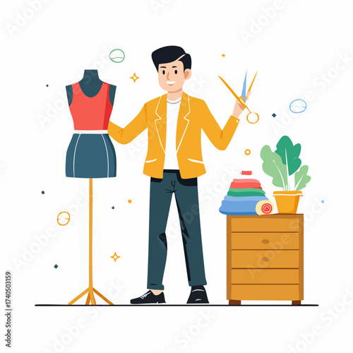 Smiling male fashion designer with mannequin and scissors cartoon illustration isolated on white background