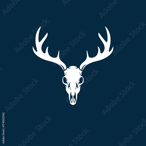 White deer skull with antlers isolated on a dark blue background, centered in the frame.