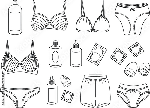 Hand drawn sketch of lingerie and personal care items