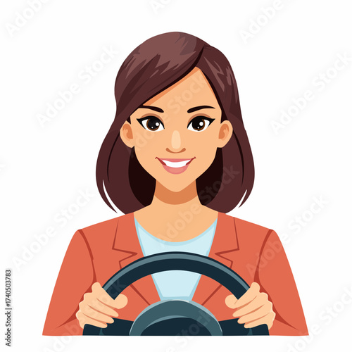 Smiling young woman driving a car cartoon illustration isolated on white background