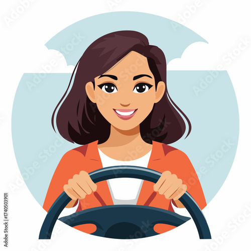 Smiling young woman driving a car cartoon illustration isolated on white background