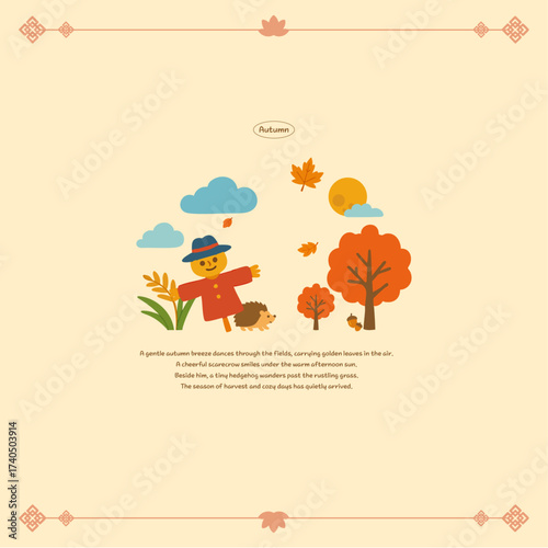 Autumn Scarecrow Illustration with Falling Leaves and Harvest Field Scene for Seasonal Poster Design