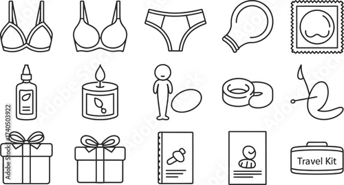 Hand drawn icons of personal care items and gifts for travel and intimacy