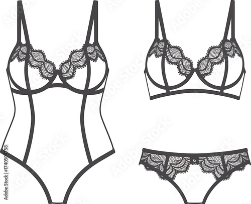Fashion illustration of a lace trim bodysuit bra and panties set