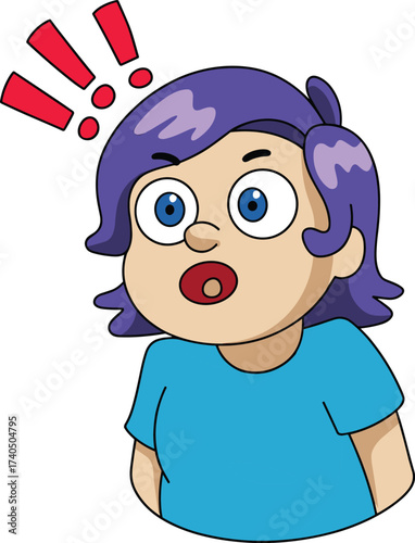 Extremely Shocked Young Person with Wide Eyes and Open Mouth, Purple Hair, Reacting to Surprise, Three Red Exclamation Marks, Comic Drawing.