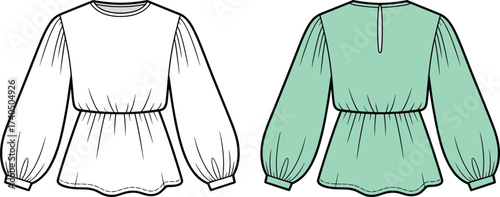 CAD drawing flat vector fashion sketch of women’s blouse design, long sleeve top with waist seam and technical apparel illustration