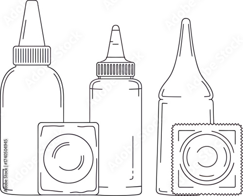 Three bottles of glue with labels in a row line art illustration