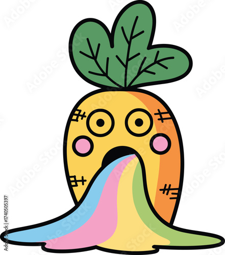 Bizarre and Cute Carrot Mascot Character Throwing Up a Stream of Rainbow Puke, Expressing Sickness or Rainbow Vomit Meme Vector Illustration.