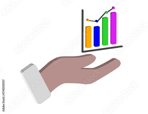 Simple 3D animation of a hand icon holding a bar and dot graph. Transparent background, PNG format.