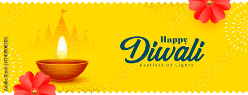happy diwali festival of lights yellow banner