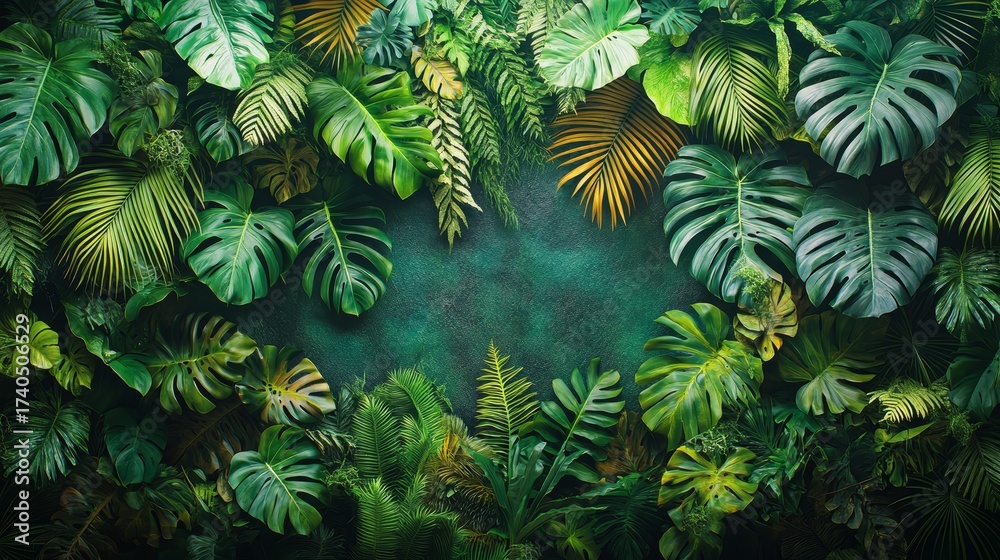 Fototapeta premium Lush Tropical Green Leaves Background Exotic Jungle Foliage Wall Natural Rainforest Plants Texture