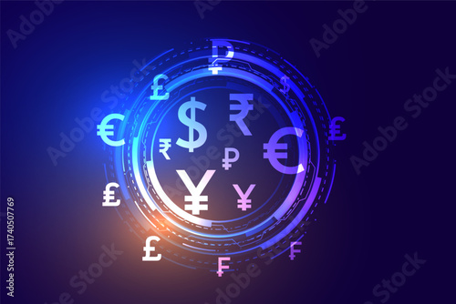 digital foreign money transfer concept background with circuit diagram