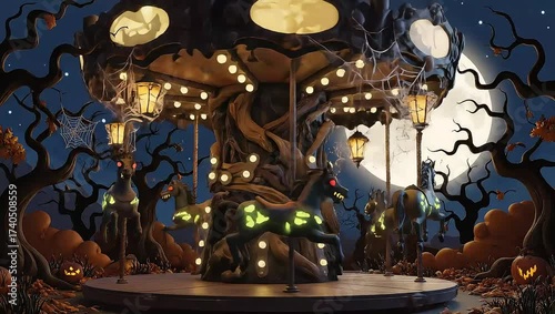 Halloween Carousel with Ghostly Horses and Spooky Decorations
