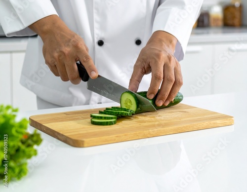Dynamic action shot of a chef's knife perfectly slicing a cucumber, showcasing the interior seeds and moist flesh. Golden hour lighting, extreme detail, 8K resolution, shallow depth of field, food cin