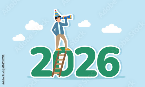 Man wearing party hat climbing number 2026 with ladder observing surroundings using telescope illustration of exploring prospects and opportunities in the new year