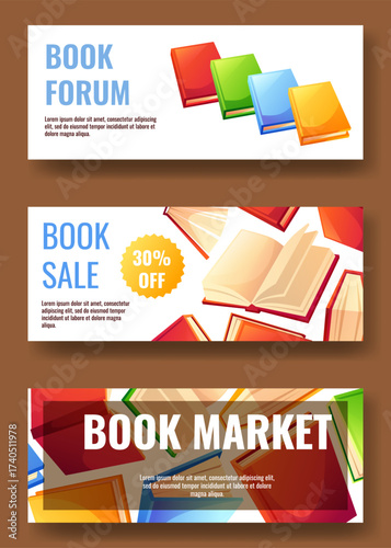 Three horizontal flyers featuring colorful books with text. Templates for flyers featuring abstract literature for library readings and educational events, store sales, and bookstore promotions.
