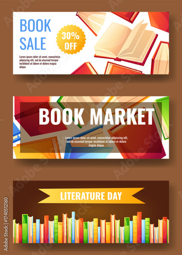 Three horizontal flyers featuring colorful books with text. Templates for flyers featuring abstract literature for library readings and educational events, store sales, and bookstore promotions.