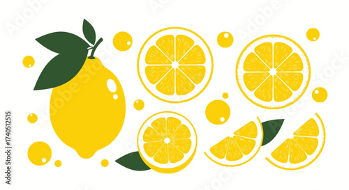 Illustration of a whole lemon with leaves, lemon slices, and lemon halves arranged on a white background, accompanied by small yellow bubbles.