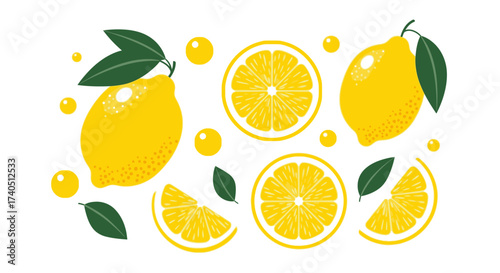 Bright yellow lemons, whole and sliced, with green leaves and scattered droplets, isolated on white.