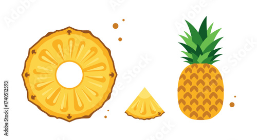 Illustration of a whole pineapple, a slice, and a wedge, isolated on a white background.