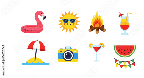 Summer themed icons featuring a flamingo float, sun with sunglasses, campfire, cocktail, beach umbrella, camera, martini, watermelon, and bunting.