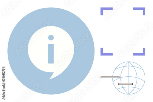 Blue speech bubble with i for information, global grid icon for connectivity, focus brackets symbolizing clarity. Ideal for communication, information sharing, global reach, data, support, education