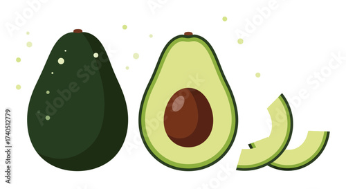 Illustration of a whole avocado, a halved avocado with pit, and two avocado slices on a white background.