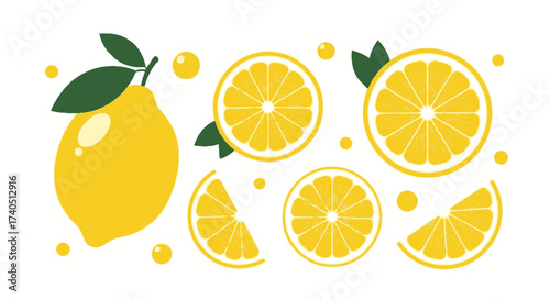 Illustration of a whole lemon with leaves, lemon slices, and lemon wedges on a white background.