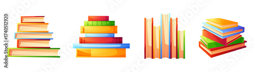 A stack of colorful books, arranged in various positions. A bookshelf, a paper notebook, a journal, a diary, a textbook. Concept for World Book Day, schools, universities, bookstores, and libraries.