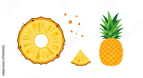A vibrant illustration of a whole pineapple, slices, and juice droplets, isolated on white.